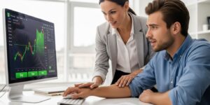 젊은 투자자가 급등하는 주식을 매수하려는 것을 금융 전문가가 제지하는 모습