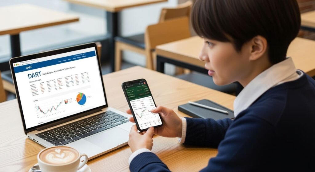 한 투자자가 카페에서 노트북으로 DART 공시를 보며 스마트폰 주식 앱과 비교하는 모습.