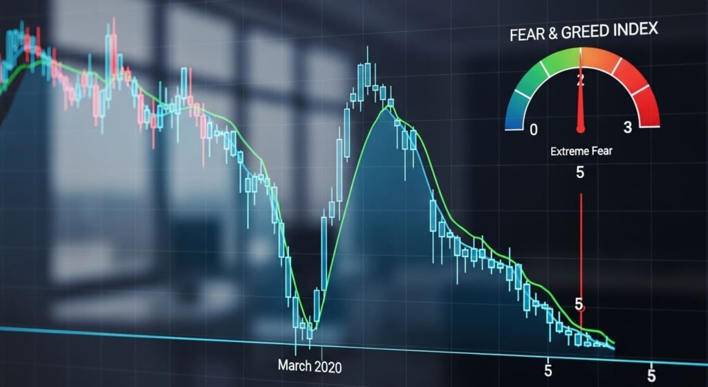 2020년 3월 팬데믹 당시 '극단적 공포'를 가리키는 공포/탐욕 지수와 증시 차트