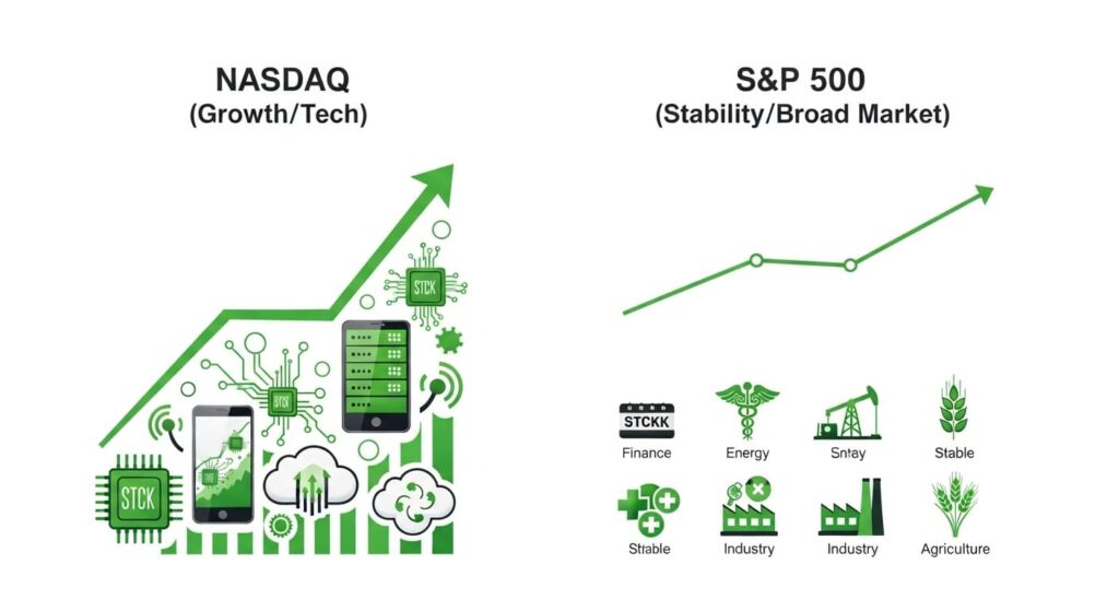 나스닥과 S&P 500 지수의 성장 곡선과 주요 구성 산업을 비교하는 인포그래픽