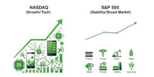 나스닥과 S&P 500 지수의 성장 곡선과 주요 구성 산업을 비교하는 인포그래픽