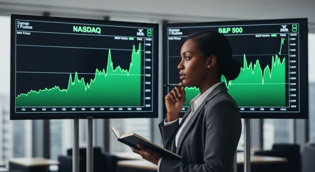 두 개의 주식 지수 차트를 분석하며 투자 결정을 내리는 사람의 모습