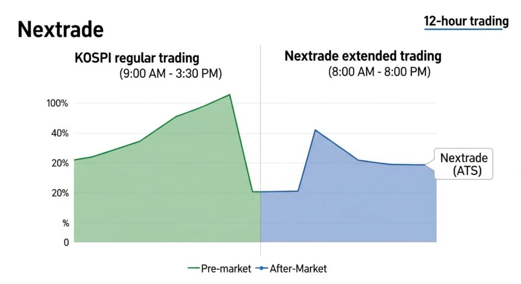 넥스트레이드(ATS) 도입으로 12시간으로 확장된 주식 거래 시간(프리마켓, 애프터마켓 포함)을 보여주는 그래프