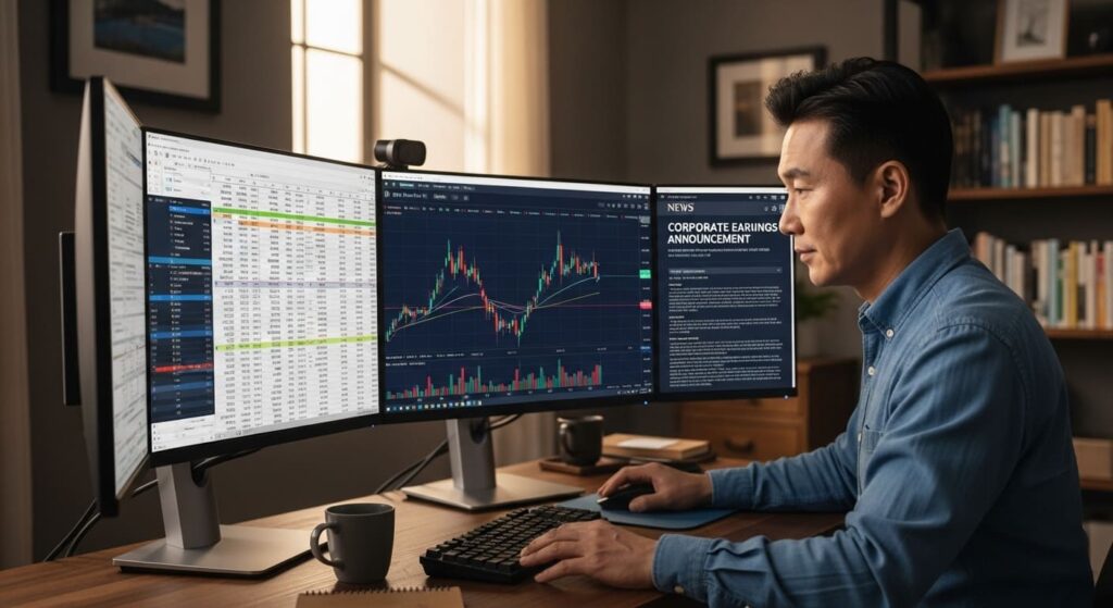 투자자가 넥스트레이드 애프터마켓 시간(오후 5시)에 기업 실적 발표 뉴스를 보며 전략적으로 주식 거래를 하는 모습