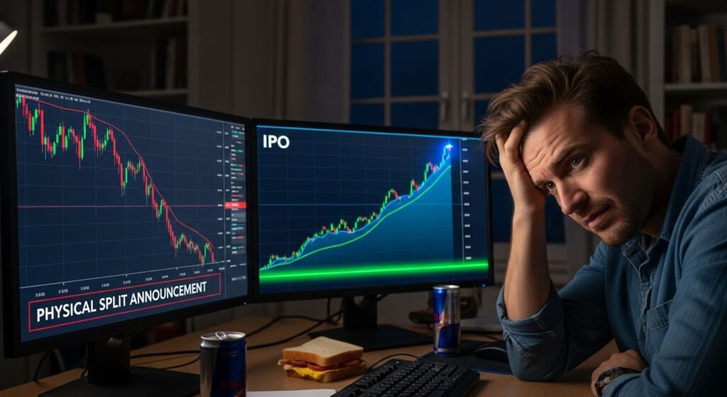 물적분할 후 자회사 상장으로 인해 고민하는 투자자와 대조되는 주가 그래프.