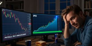 물적분할 후 자회사 상장으로 인해 고민하는 투자자와 대조되는 주가 그래프.