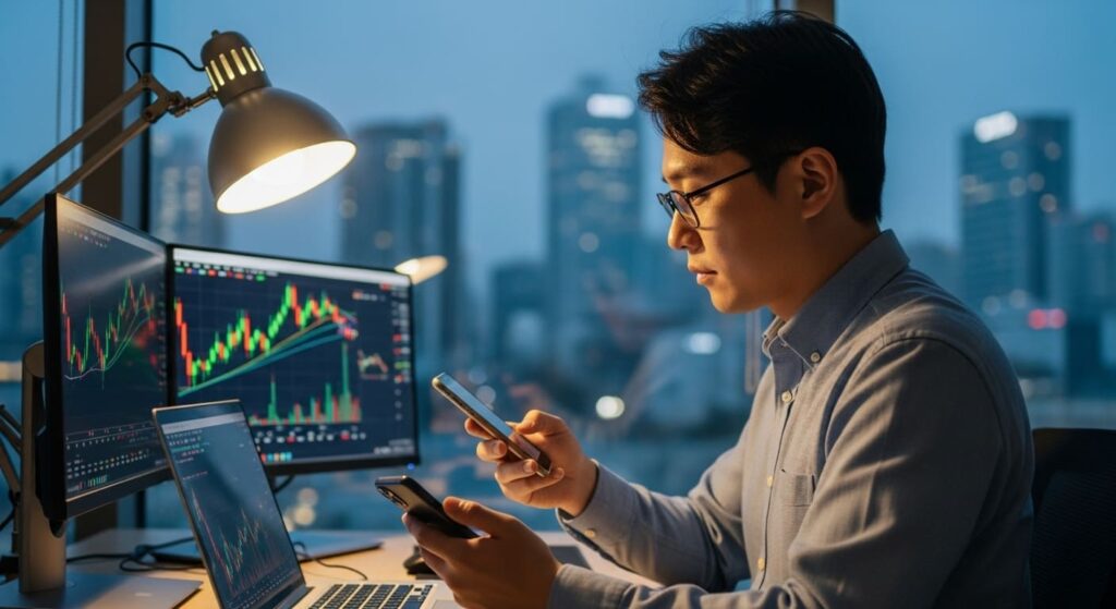 서울 야경 앞 책상에서 노트북과 스마트폰으로 주식 주문을 준비하는 30대 한국인