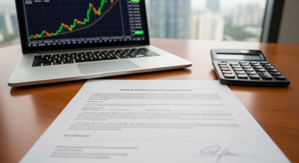 스톡옵션 계약서와 상승하는 주가 차트가 보이는 노트북