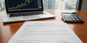 스톡옵션 계약서와 상승하는 주가 차트가 보이는 노트북