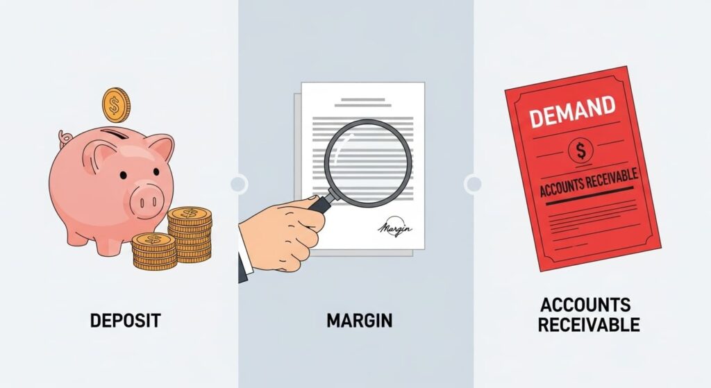 예수금(저금통), 증거금(계약서), 미수금(독촉장)을 비교하는 아이콘 일러스트