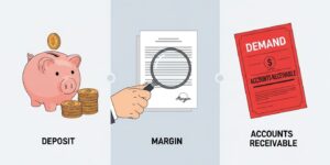 예수금(저금통), 증거금(계약서), 미수금(독촉장)을 비교하는 아이콘 일러스트