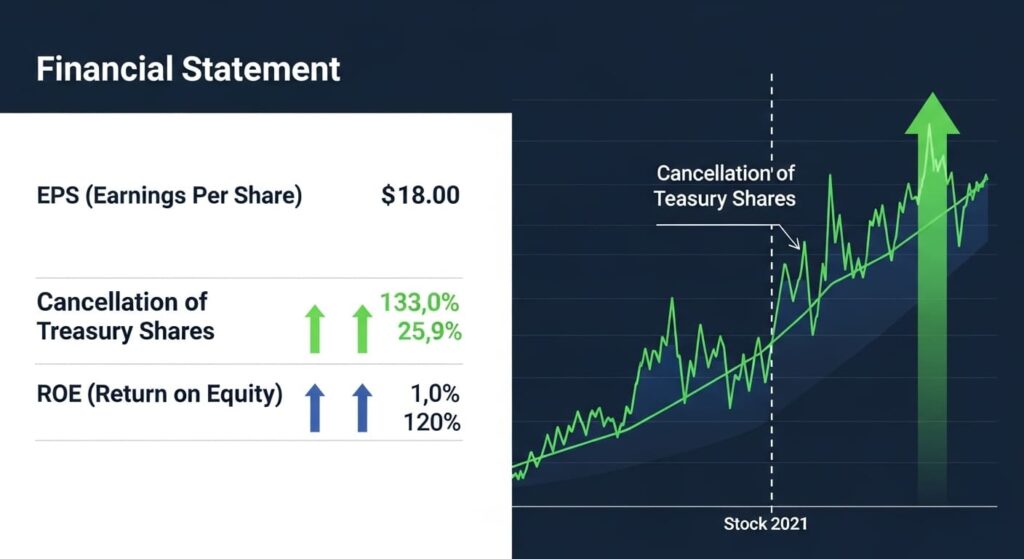 자사주 소각 발표 후 주가 상승 및 EPS, ROE 개선을 보여주는 차트