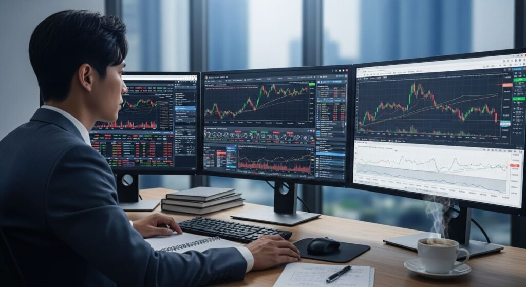 금융 애널리스트가 컴퓨터로 목표 주가를 계산하는 모습