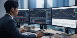 금융 애널리스트가 컴퓨터로 목표 주가를 계산하는 모습