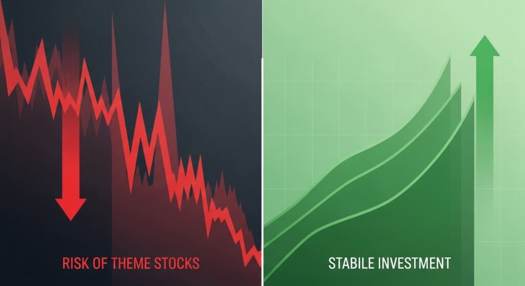 변동성이 큰 테마주 시장의 급락 그래프와 안정적인 가치주 시장의 완만한 상승 그래프를 대비하여 보여주는 이미지
